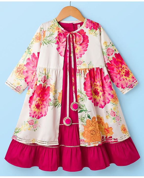 Babyhug Woven Layered Ethnic Dress with Three Fourth Sleeves Jacket & Flora  Print - Off White