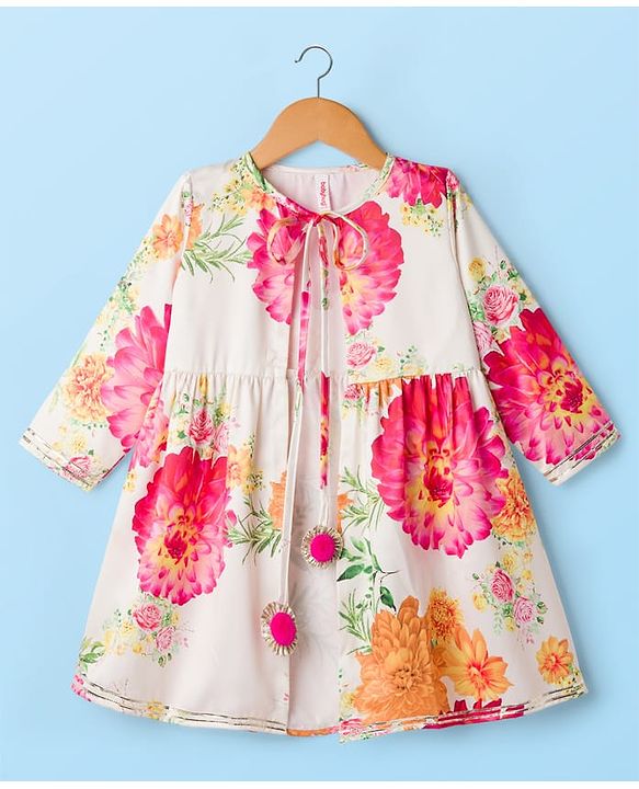 Babyhug Woven Layered Ethnic Dress with Three Fourth Sleeves Jacket & Flora Print - Off White
