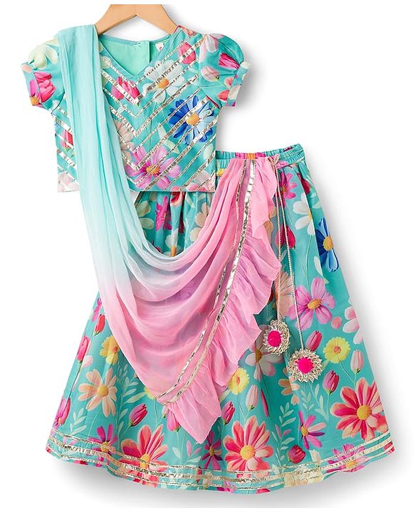 Babyhug Woven Half Puffed Sleeves Choli Lehenga Set with Dupatta Floral Print & Lace Detailing - Light Blue
