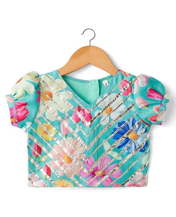 Babyhug Woven Half Puffed Sleeves Choli Lehenga Set with Dupatta Floral Print & Lace Detailing - Light Blue