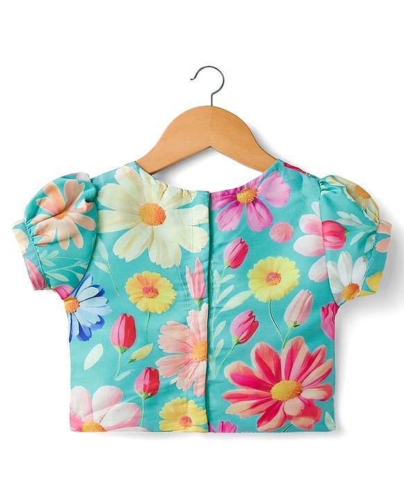 Babyhug Woven Half Puffed Sleeves Choli Lehenga Set with Dupatta Floral Print & Lace Detailing - Light Blue