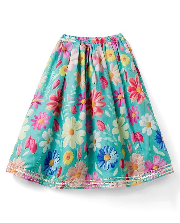 Babyhug Woven Half Puffed Sleeves Choli Lehenga Set with Dupatta Floral Print & Lace Detailing - Light Blue