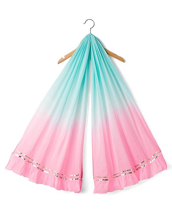 Babyhug Woven Half Puffed Sleeves Choli Lehenga Set with Dupatta Floral Print & Lace Detailing - Light Blue