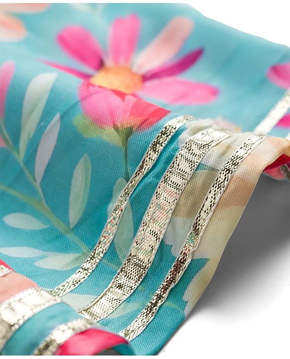 Babyhug Woven Half Puffed Sleeves Choli Lehenga Set with Dupatta Floral Print & Lace Detailing - Light Blue