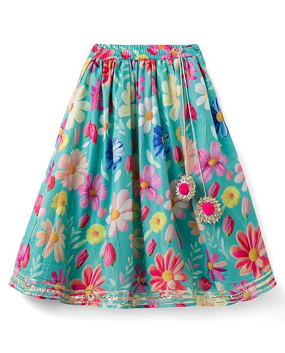 Babyhug Woven Half Puffed Sleeves Choli Lehenga Set with Dupatta Floral Print & Lace Detailing - Light Blue