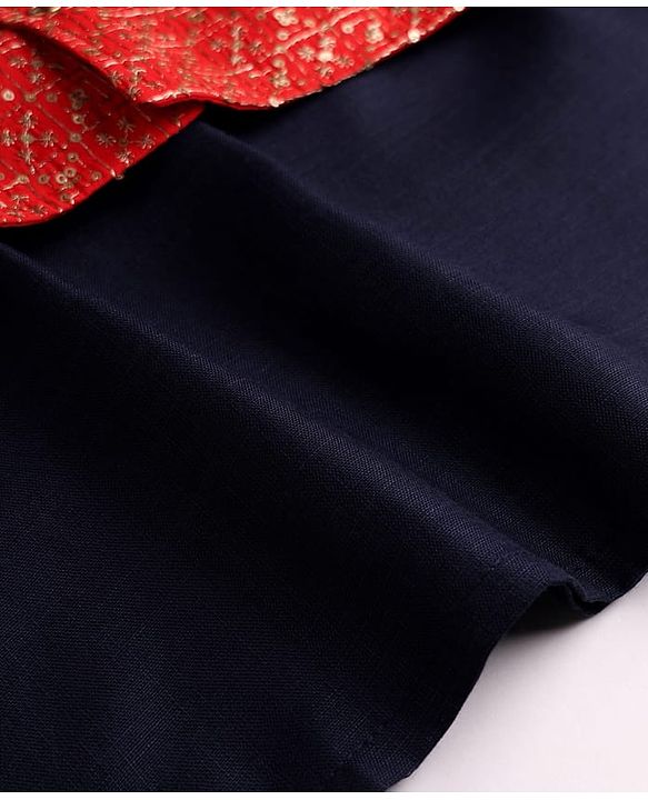 Babyhug Cotton Woven Full Sleeves Solid Kurta Payjama Set with Sequined Embroidered Nehru Jacket - Navy Blue & Red
