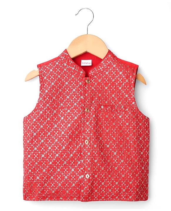 Babyhug Cotton Woven Full Sleeves Solid Kurta Payjama Set with Sequined Embroidered Nehru Jacket - Navy Blue & Red