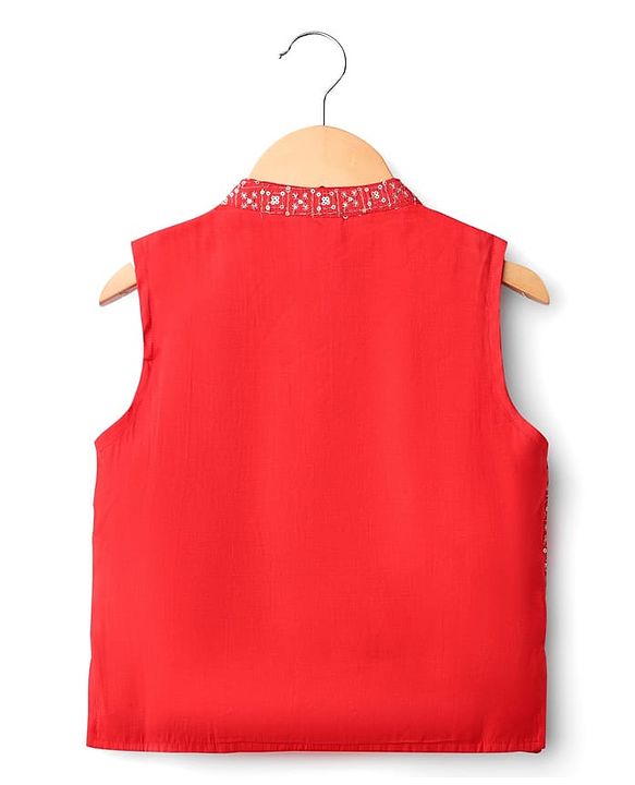 Babyhug Cotton Woven Full Sleeves Solid Kurta Payjama Set with Sequined Embroidered Nehru Jacket - Navy Blue & Red