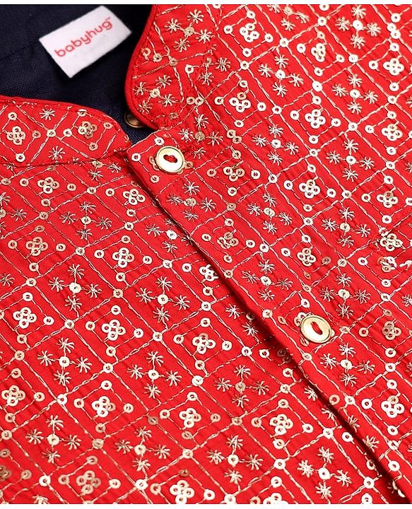Babyhug Cotton Woven Full Sleeves Solid Kurta Payjama Set with Sequined Embroidered Nehru Jacket - Navy Blue & Red
