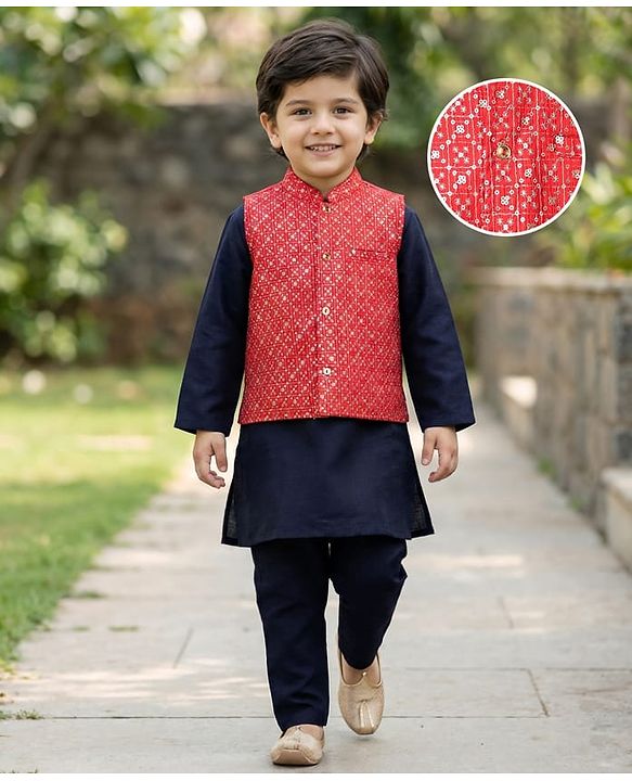 Babyhug Cotton Woven Full Sleeves Solid Kurta Payjama Set with Sequined Embroidered Nehru Jacket - Navy Blue & Red
