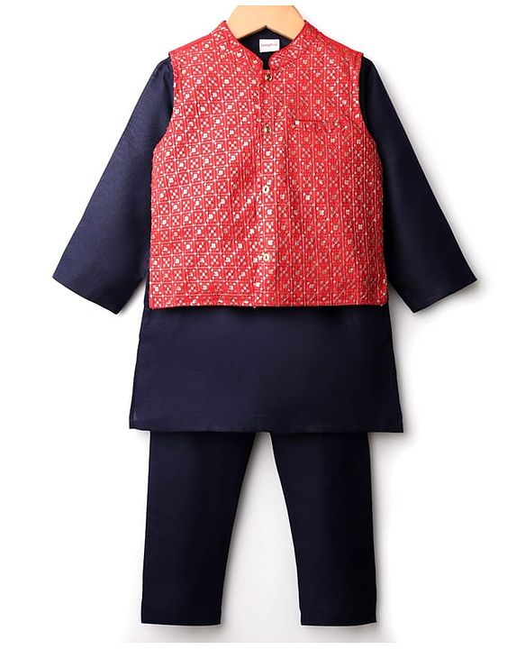 Babyhug Cotton Woven Full Sleeves Solid Kurta Payjama Set with Sequined Embroidered Nehru Jacket - Navy Blue & Red
