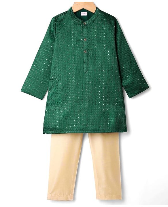 Babyhug Cotton Woven Full Sleeves Kurta Pajama Set with PST Sequenced Embroidered - Dark Green