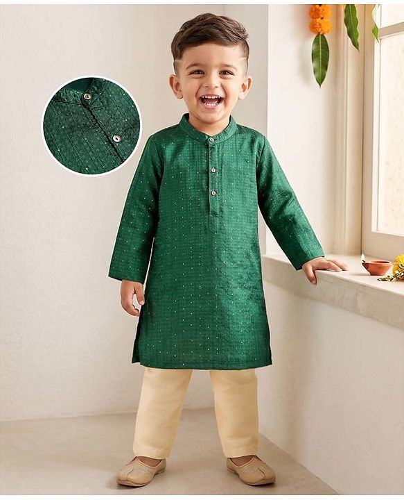 Babyhug Cotton Woven Full Sleeves Kurta Pajama Set with PST Sequenced Embroidered - Dark Green