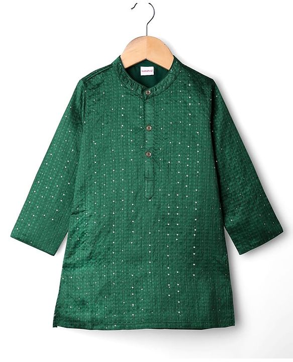 Babyhug Cotton Woven Full Sleeves Kurta Pajama Set with PST Sequenced Embroidered - Dark Green