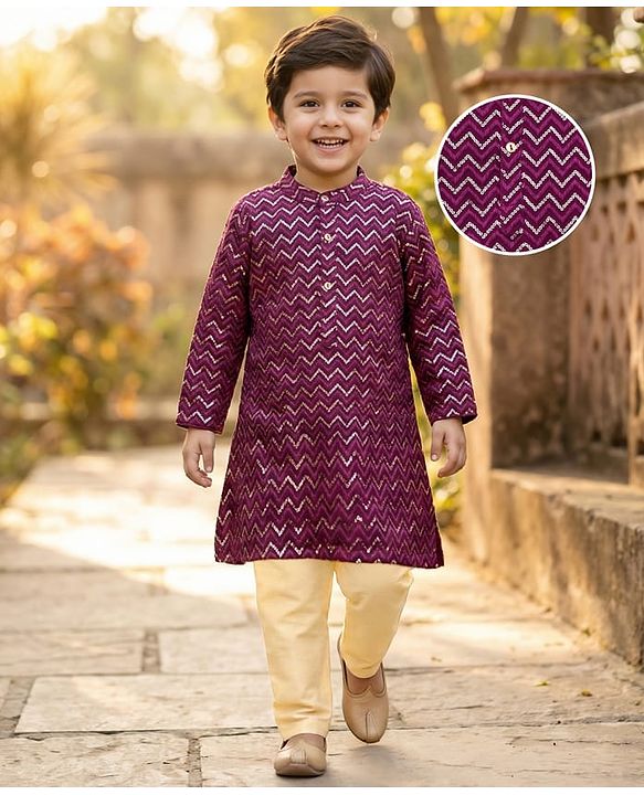 Babyhug Woven Full Sleeves Kurta Pajama Set with Sequin Detailing - Maroon
