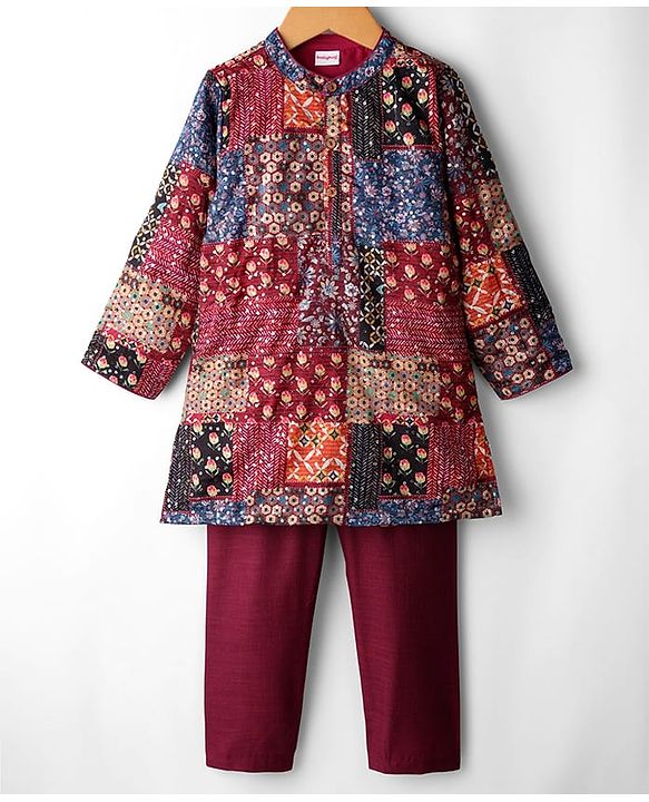 Babyhug Cotton Woven Full Sleeves Kurta Pajama Set with Floral Chinnon Print & Sequin Detailing - Wine