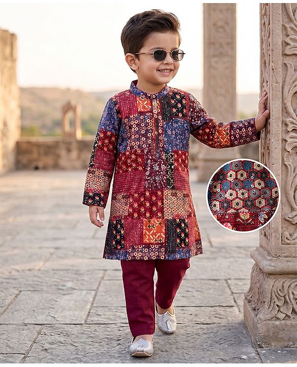 Babyhug 100% Cotton Woven Full Sleeves Kurta Pajama Set with Floral Chinnon Print & Sequin Detailing - Wine