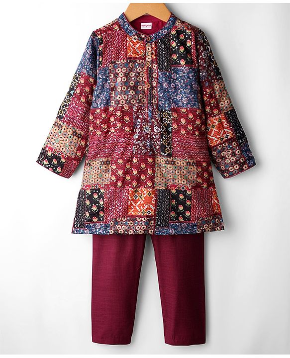 Babyhug 100% Cotton Woven Full Sleeves Kurta Pajama Set with Floral Chinnon Print & Sequin Detailing - Wine