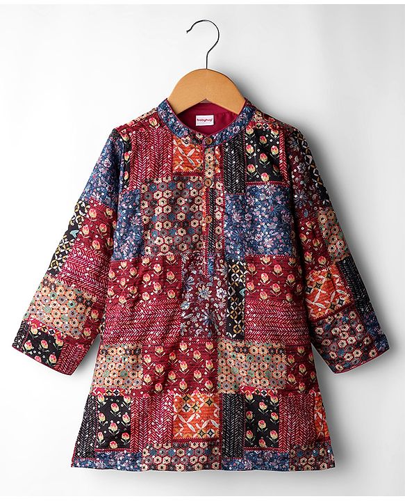 Babyhug 100% Cotton Woven Full Sleeves Kurta Pajama Set with Floral Chinnon Print & Sequin Detailing - Wine