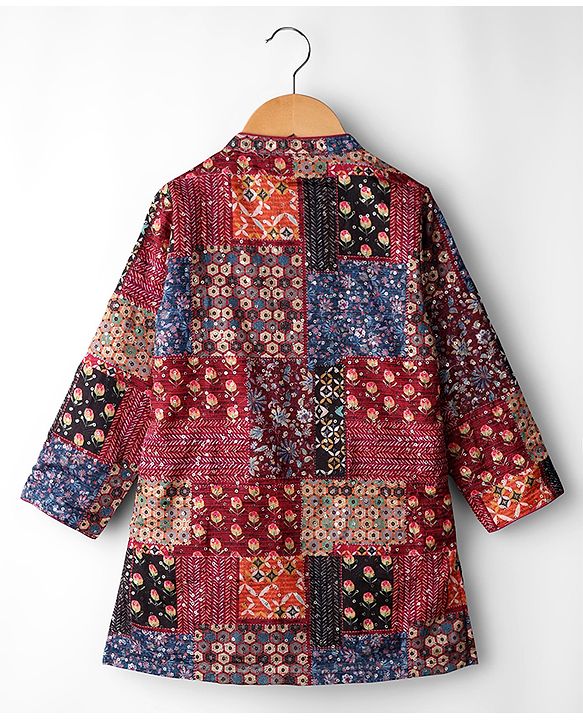 Babyhug 100% Cotton Woven Full Sleeves Kurta Pajama Set with Floral Chinnon Print & Sequin Detailing - Wine