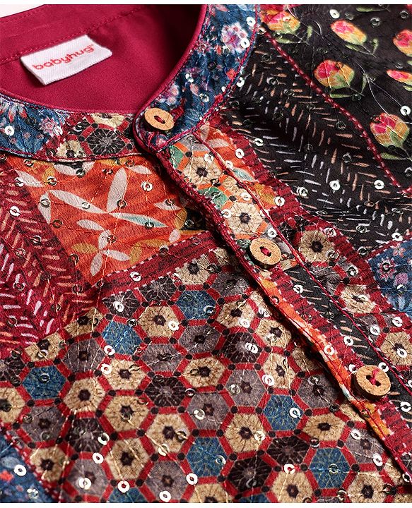 Babyhug 100% Cotton Woven Full Sleeves Kurta Pajama Set with Floral Chinnon Print & Sequin Detailing - Wine