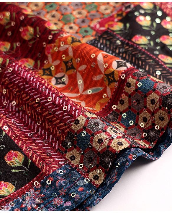 Babyhug 100% Cotton Woven Full Sleeves Kurta Pajama Set with Floral Chinnon Print & Sequin Detailing - Wine