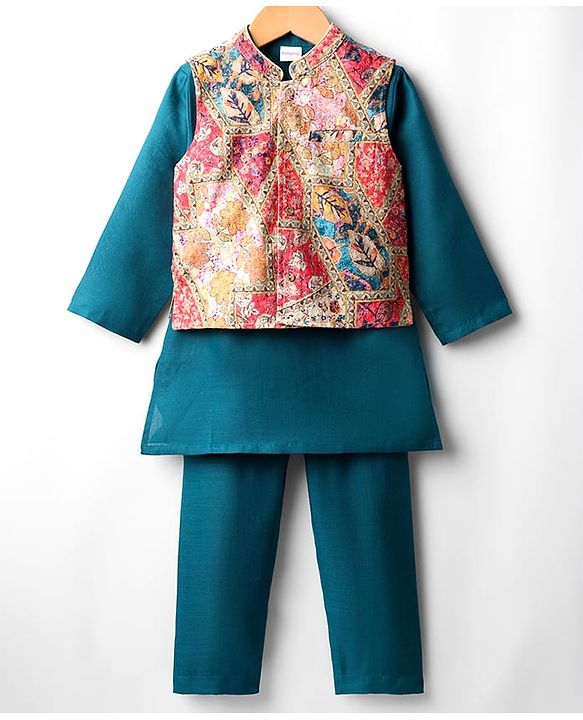 Babyhug Cotton Woven Full Sleeves Kurta Pajama Set with Brocade Jacket - Teal Blue