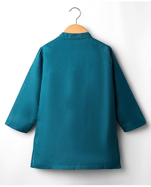 Babyhug Cotton Woven Full Sleeves Kurta Pajama Set with Brocade Jacket - Teal Blue