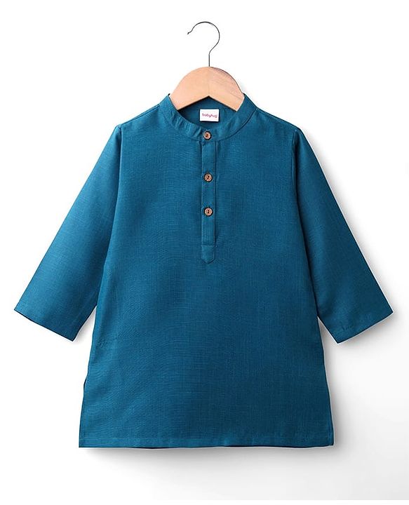 Babyhug Cotton Woven Full Sleeves Solid Kurta Pajama Set with Printed Jacket - Teal Blue