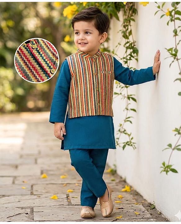 Babyhug Cotton Woven Full Sleeves Solid Kurta Pajama Set with Printed Jacket - Teal Blue