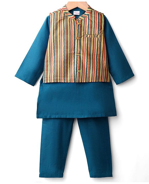 Babyhug Cotton Woven Full Sleeves Solid Kurta Pajama Set with Printed Jacket - Teal Blue