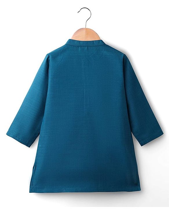 Babyhug Cotton Woven Full Sleeves Solid Kurta Pajama Set with Printed Jacket - Teal Blue