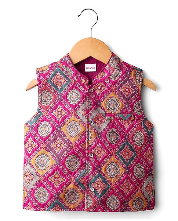 Babyhug Cotton Woven Full Sleeves Solid Kurta Pajama Set with Brocade Print Jacket - Mustard Yellow & Purple