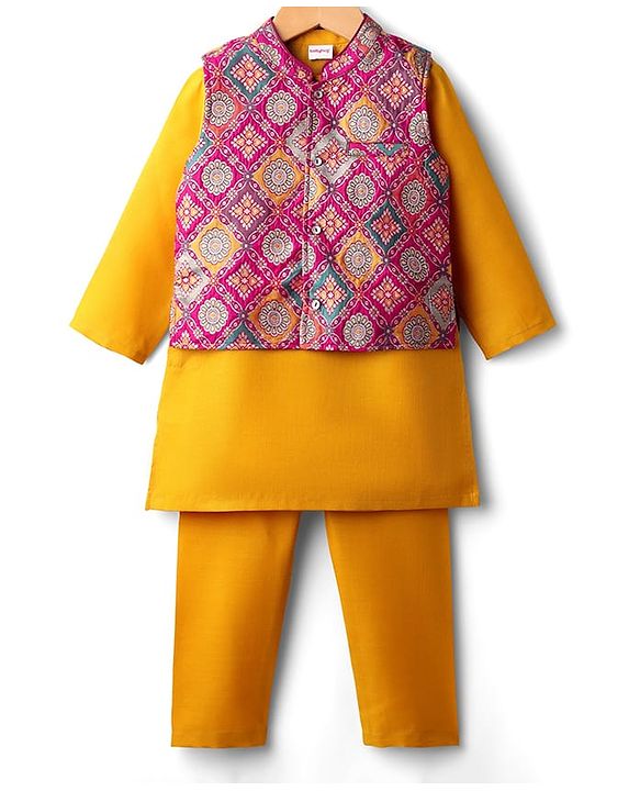 Babyhug Cotton Woven Full Sleeves Solid Kurta Pajama Set with Brocade Print Jacket - Mustard Yellow & Purple