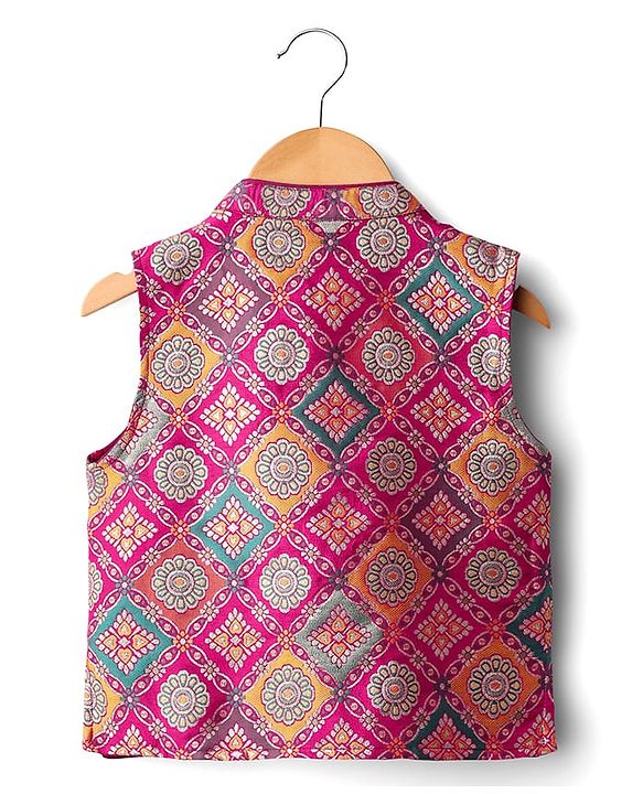 Babyhug Cotton Woven Full Sleeves Solid Kurta Pajama Set with Brocade Print Jacket - Mustard Yellow & Purple