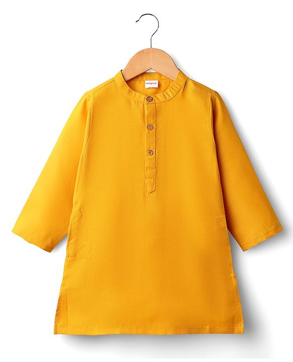 Babyhug Cotton Woven Full Sleeves Solid Kurta Pajama Set with Brocade Print Jacket - Mustard Yellow & Purple