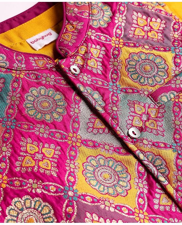 Babyhug Cotton Woven Full Sleeves Solid Kurta Pajama Set with Brocade Print Jacket - Mustard Yellow & Purple