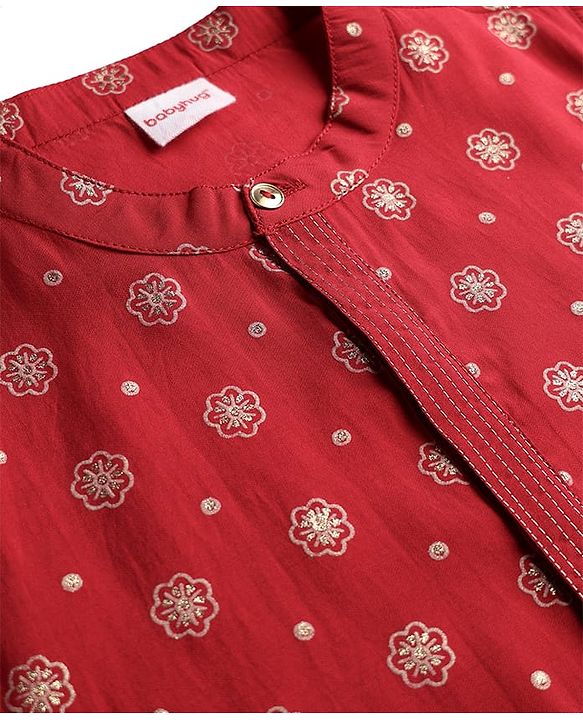 Babyhug Cotton Woven Full Sleeves Kurta with Floral Glitter Print - Red