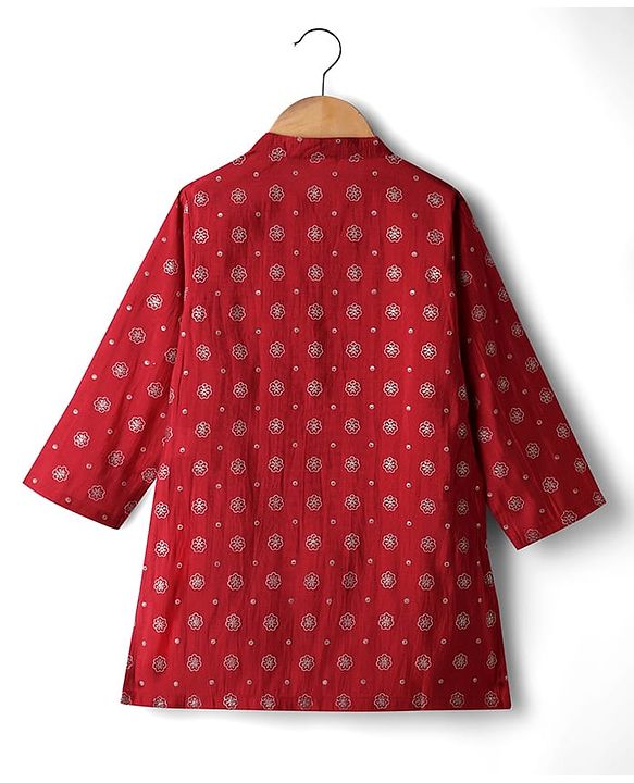 Babyhug Cotton Woven Full Sleeves Kurta with Floral Glitter Print - Red