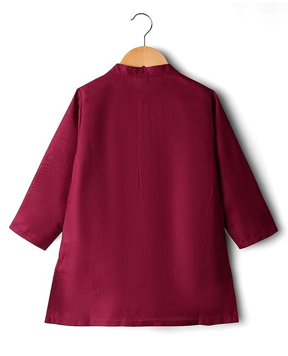 Babyhug Cotton Woven Full Sleeves Solid Kurta Pajama Set with Floral Motif Print Jacket - Maroon