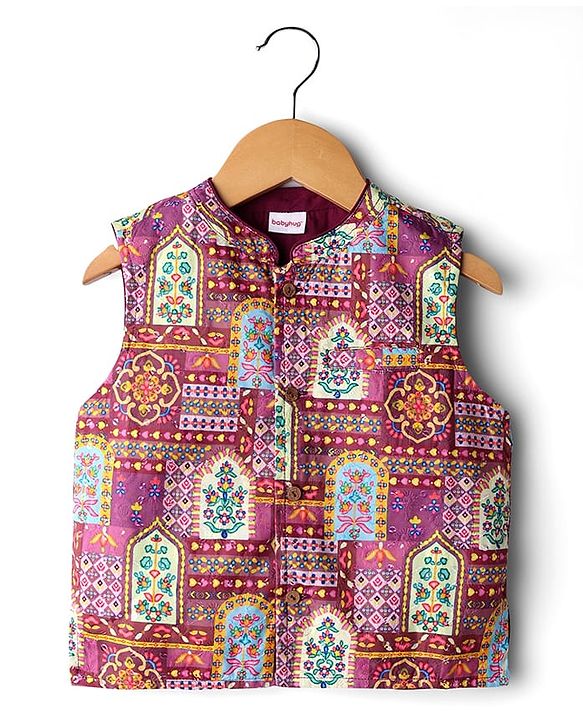 Babyhug Cotton Woven Full Sleeves Solid Kurta Pajama Set with Floral Motif Print Jacket - Maroon