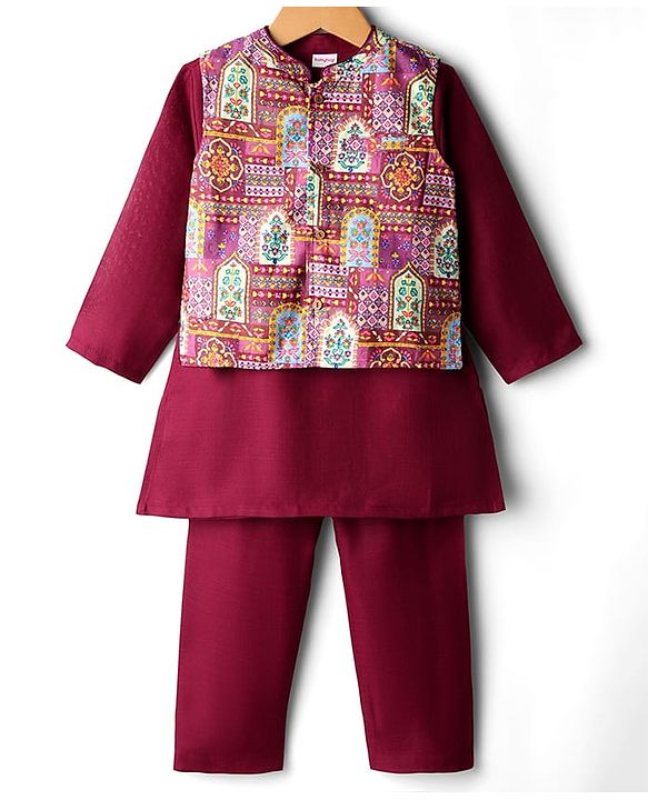 Babyhug Cotton Woven Full Sleeves Solid Kurta Pajama Set with Floral Motif Print Jacket - Maroon