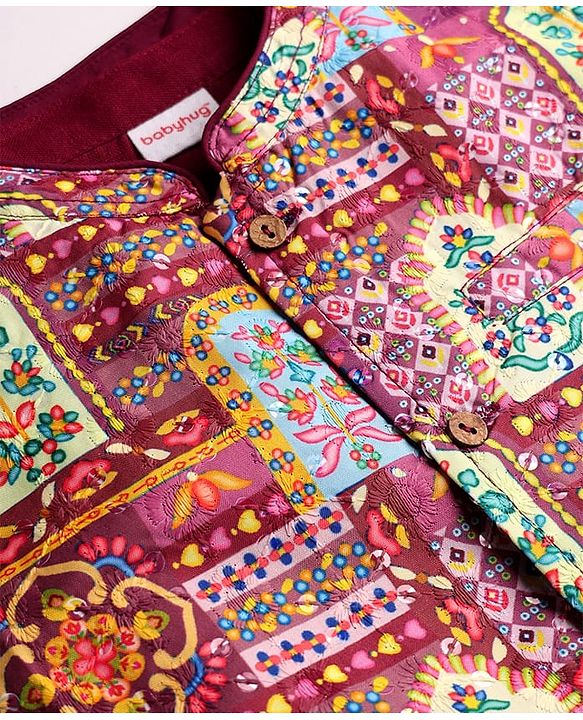 Babyhug Cotton Woven Full Sleeves Solid Kurta Pajama Set with Floral Motif Print Jacket - Maroon
