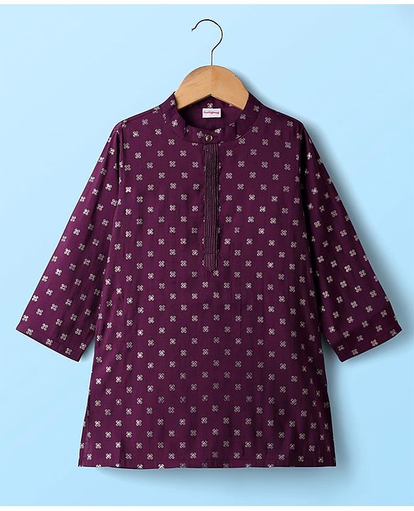Babyhug Cotton Woven Full Sleeves Kurta Pyjama Set with Cambric Foil Printed - Dark Purple