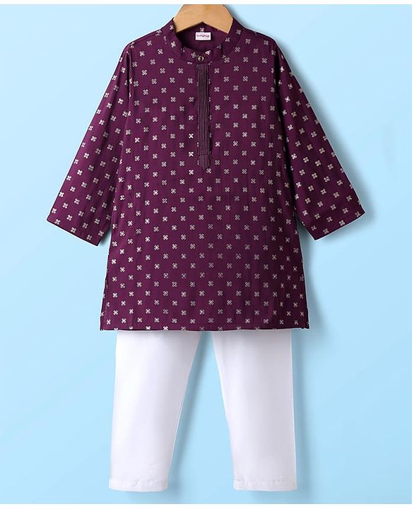 Babyhug Cotton Woven Full Sleeves Kurta Pyjama Set with Cambric Foil Printed - Dark Purple