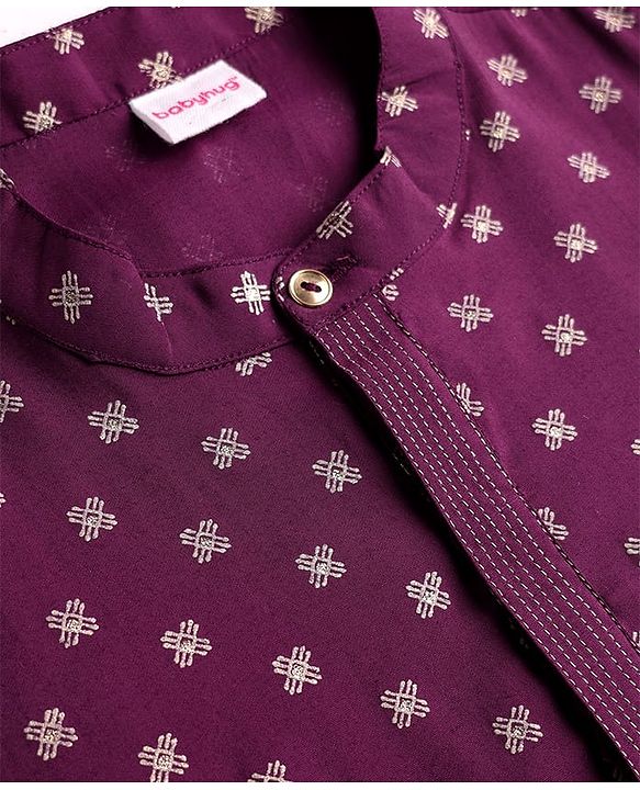 Babyhug Cotton Woven Full Sleeves Kurta Pyjama Set with Cambric Foil Printed - Dark Purple