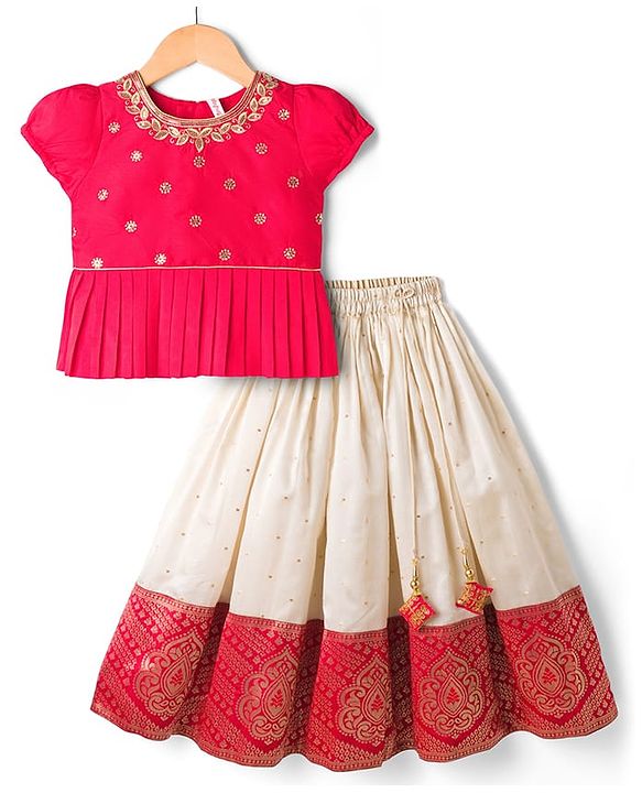 Babyhug Brocade Half Sleeves Pattu Pavda Lehenga Choli Set with Floral Embroidery - Red & Beige