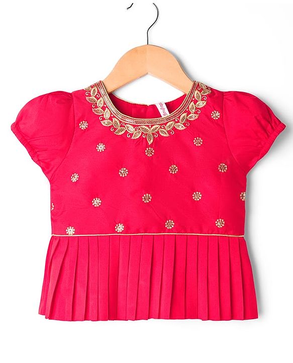 Babyhug Brocade Half Sleeves Pattu Pavda Lehenga Choli Set with Floral Embroidery - Red & Beige