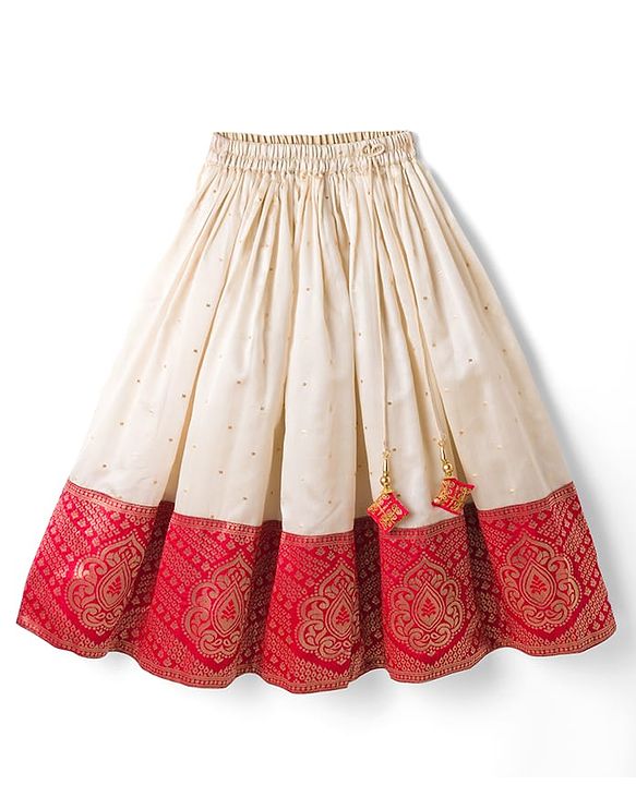 Babyhug Brocade Half Sleeves Pattu Pavda Lehenga Choli Set with Floral Embroidery - Red & Beige