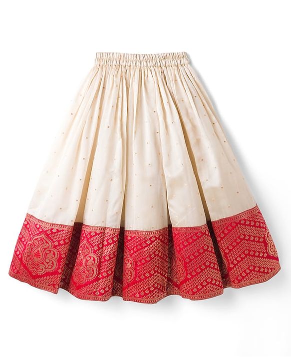 Babyhug Brocade Half Sleeves Pattu Pavda Lehenga Choli Set with Floral Embroidery - Red & Beige
